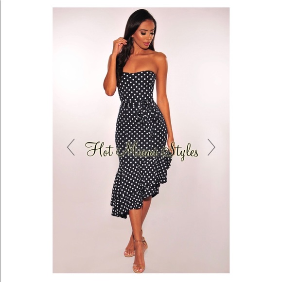 Hot Miami Styles Dresses & Skirts - Navy Polka Dot Strapless